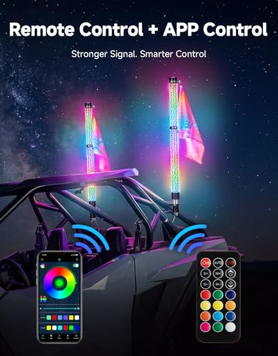 Image of KEMIMOTO 2pc 3ft Fat Whip Lights for Side by Side, Turning Signal Function | 360 Lighting, 366+ Light Modes, Music Sync Compatible with Polaris RZR Can-Am X3 UTV Buggy Boat Offroad