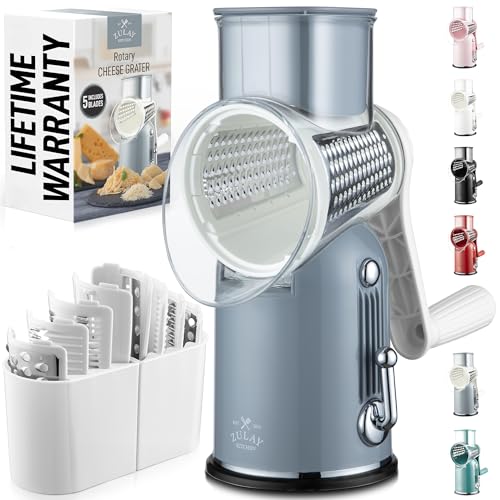 Image of Zulay Kitchen Rotary Cheese Grater 5 Blade Cheese Shredder - Manual Hand Crank Cheese Grater With Reinforced Suction & 5 Interchangeable Drums - Easy to Use, Vegetable Chopper Round Mandoline Slicer