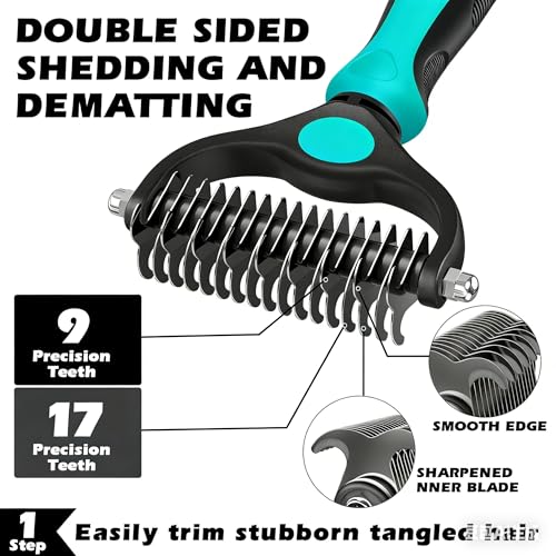 Image of Professional 3PCS Self Cleaning Slicker Brush & Pet Grooming Rake & Flea Comb for Dogs,Cats and Horses | Double-Sided Dematting Comb & Skin Friendly Deshedding Grooming Tool (Cyan)