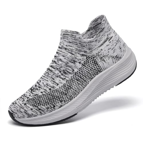Womens Slip on Walking Shoes Comfort Lightweight Breathable Sock Shoe Non-Slip Mesh Casual Fashion Tennis Running Sneakers Grey White