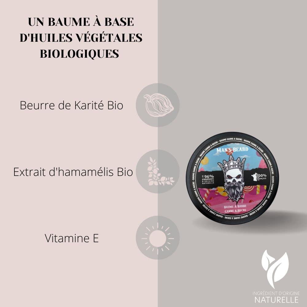 Man's Beard | Baume à barbe homme | Canne à Sucre | Ingrédients d'origine naturelle Soin nourrissant pour l'entretien de la barbe | 100% Fabrication française | 90 ml