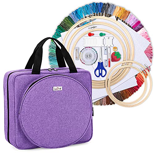 Image of LoDrid Embroidery Kit, Embroidery Project Bag with Embroidery Kit, Portable Craft Carry Case with Starter Kit, Embroidery Supplies Storage Bag and Cross Stitch Kits for Beginner, Adults, Purple
