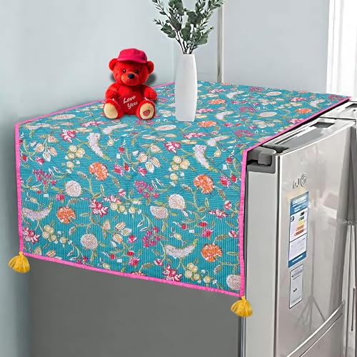 Image of Astitva Dust-Proof Fridge /Refrigerator Cover Cotton Washing Machine Top Protector with Side Storage Bags Universal Cover Cloth (Size - 103cm x 53cm, Each Pocket Size: 20 x 14 Cm) - Turquiose