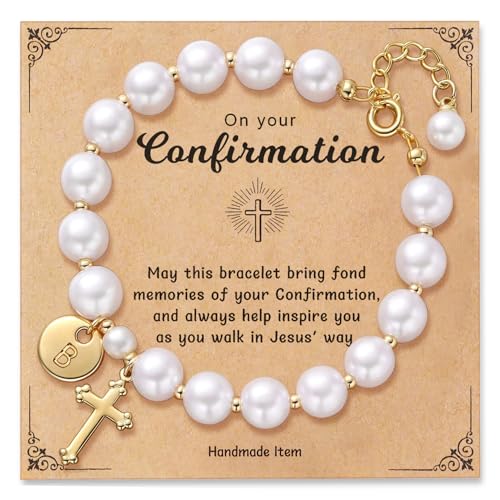 Personalized Confirmation Pearl Corss Bracelets Gifts for Women Catholic, Christian Confirmation Decorations Easter First Communion Religious Faith Jewelry for Goddaughter Niece