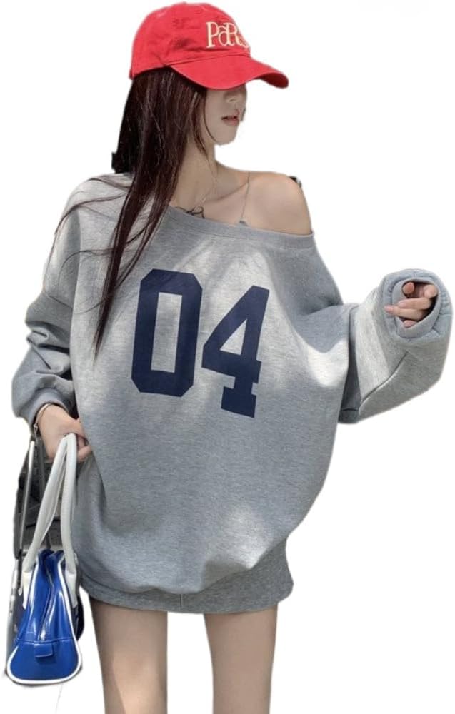 YELLOOP One shoulder Pullover 2000s Women Vintage Long Sleeve Jersey Shirt Y2k Graphic Oversized Sweatshirt Streetwear