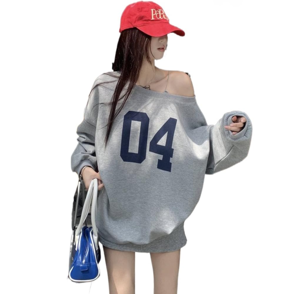 YELLOOP One shoulder Pullover 2000s Women Vintage Long Sleeve Jersey Shirt Y2k Graphic Oversized Sweatshirt Streetwear