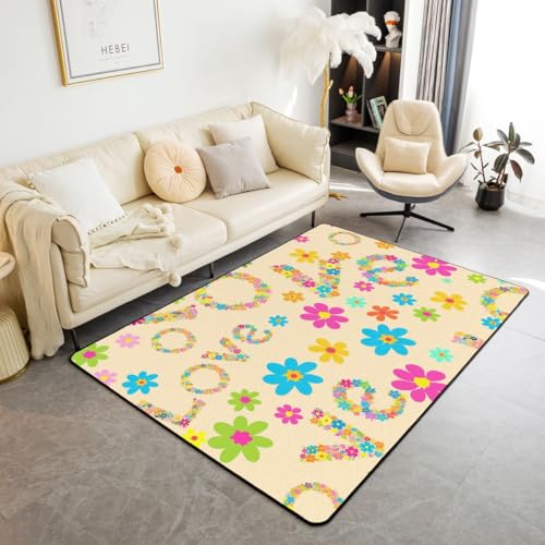 Groovy Flower Area Rugs 5x7 for Bedroom, Kids Groovy 70S Retro Psychedelic Floral Rug, Rainbow Peace Sign Pattern Carpet, Bohemian Iridescent Aesthetic Style Boho Hippie Accent Rug Non Shedding