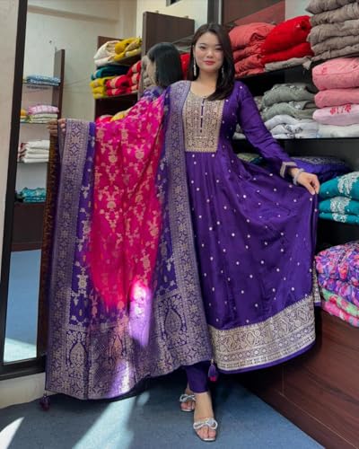 Image of by Pink Anarkali Flared Kurti Pant Dupatta Suit Set.