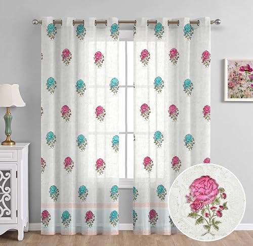 Image of THE LINEN COMPANY Cotton Sheer Printed Curtain for Long Door Bedroom and Living Roonm Home decor Set of 2 (10 Feet,Royal Rose)