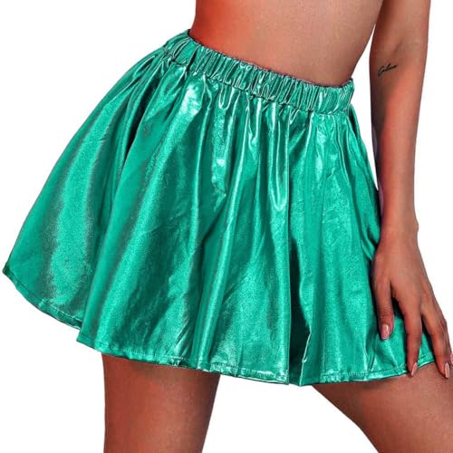 Flovel Falda Día de San Patricio Plisada Brillante para Mujeres Falda Metálica Líquida Mini Falda Skater Falda Elástica para Fiestas Rave Disfraz de Baile para Mujeres y Niñas(Verde)