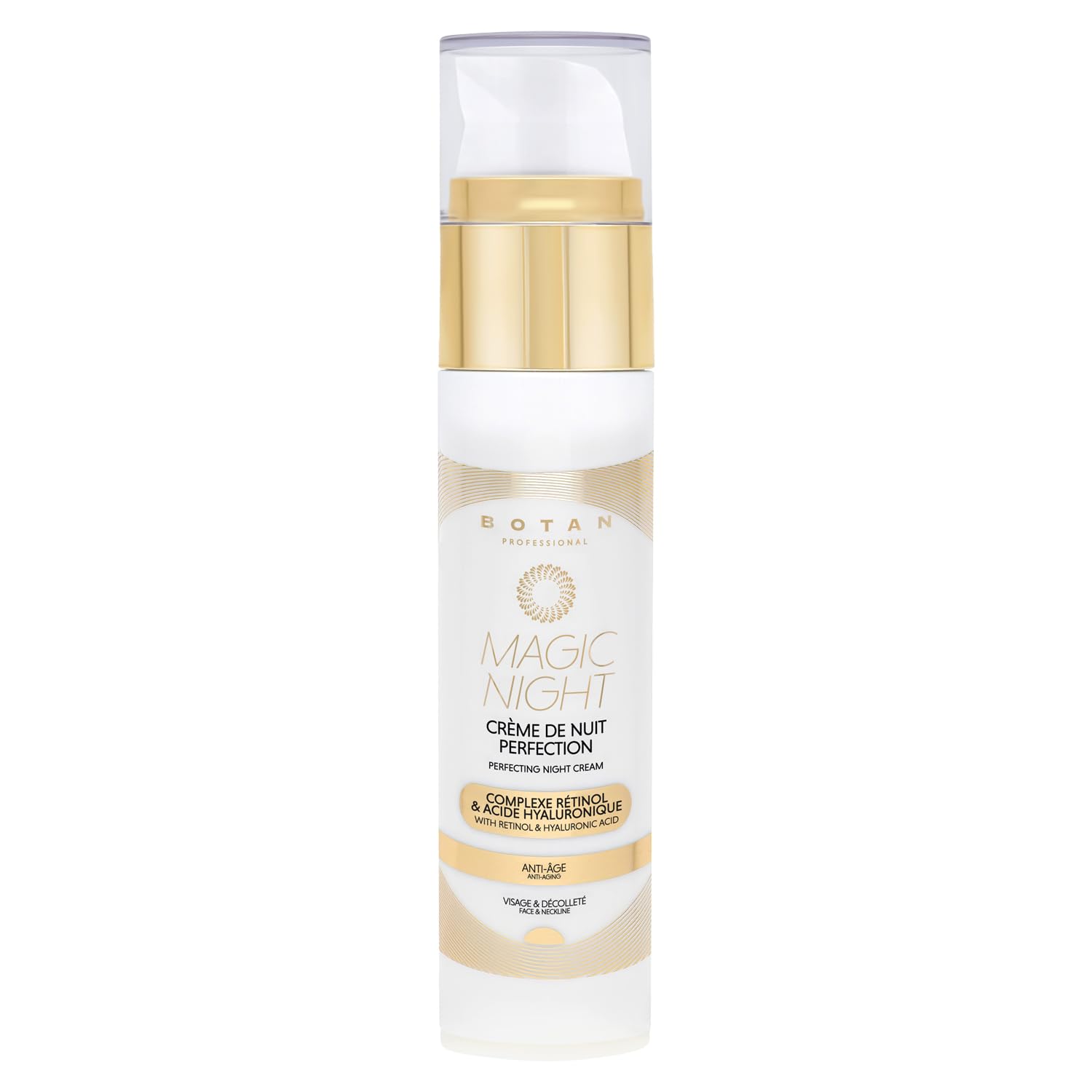 Crème de nuit anti-âge lissante et raffermissante, offrant une bonne mine progressive et naturelle grâce à une formule enrichie en acide hyaluronique, rétinol actif et DHA.