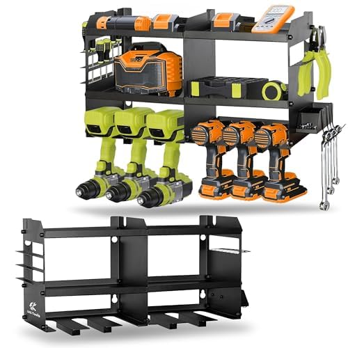 GRG Tools Heavy-Duty Power Tool Organizer – Wall Mounted Drill Rack for 6 Cordless Drills, Garage & Workshop Tool Storage Shelf with Screws & Bolts Side Box, 300LBS Load Capacity, Sturdy Metal Design