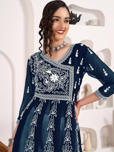 Image of EthnicJunction Women's Georgette Regular Fit Anarkali Embroidered Chikankari Work Angrakha Kurta