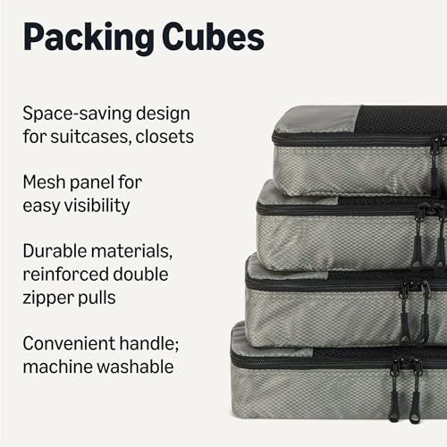 Image of Amazon Essentials 4-Piece Slim Packing Cubes, Travel Accessories Set, Luggage Organizer, Suitcase Organizer with Double Zipper, Mesh Top, Space-Saving, Gray (Previously Amazon Basics)