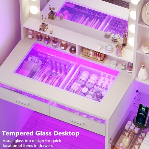 Image of HUAHUU Vanity Desk with Mirror and Lights, Makeup Vanity with Glass Top and RGB Lighting, White Vanity Set with Transparent Drawers, Open Shelves, Cabinet & Power Outlet for Bedroom Dressing Room