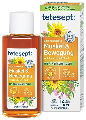 tetesept Músculo y ejercicio baño – 1 x 125 ml – Baño de salud para relajación y relajación con 4 aceites esenciales – Aditivo de baño calmante que calienta y alivia