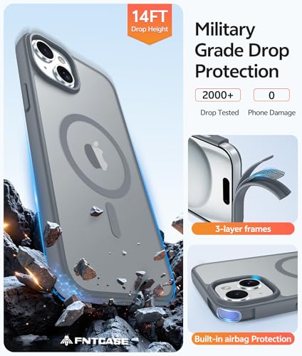 Image of FNTCASE for iPhone 15 Case: for iPhone 14 Case & iPhone 13 Case [Compatible with Magsafe] Translucent Matte Cases with [Screen Protector] Military Grade Shockproof Protective Phone Cover - Gray