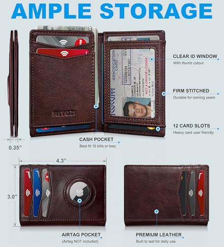 Airtag Slim Leather Wallet for Men - 12-Card Capacity, Magnetic Closure, Money Clip & Simplified Bill Compartment, RFID Blocking (4.3" x 3.0") | Gift Boxed2