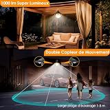Quntis Lampa solarna do użytku na zewnątrz, do wnętrz, wisząca, 1000 lm, 4400 mAh, solarna lampa wisząca do użytku na zewnątrz, z czujnikiem ruchu, pilot zdalnego sterowania, 3 kolory, 5 trybów pracy