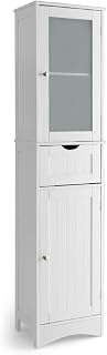 COSTWAY Bathroom Tall Cabinet, Freestanding Slim Storage Cupboard with Tempered Glass Door, Drawer and Adjustable Shelves, Wooden High Narrow Storage Cabinet Unit for Living Room Hallway (White)