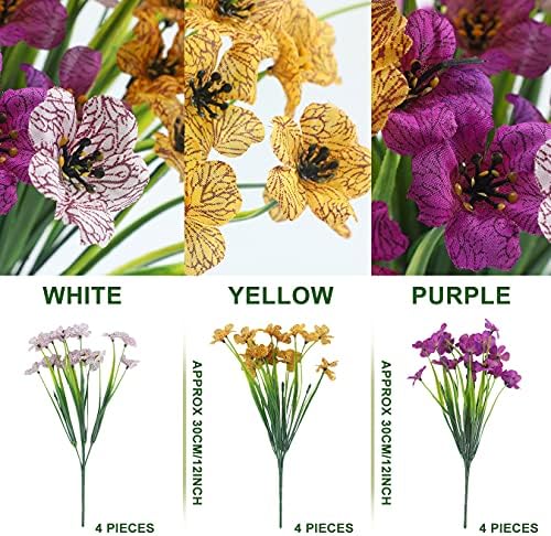ALAGIRLS 12 Bundles Artificial Flowers Outdoor UV Resistant Plants for Garden, Plastic Fake Plants Silk Flowers for Decoration Indoors, Faux Flowers for Graves in Pots Evergreen, Yellow White Purple