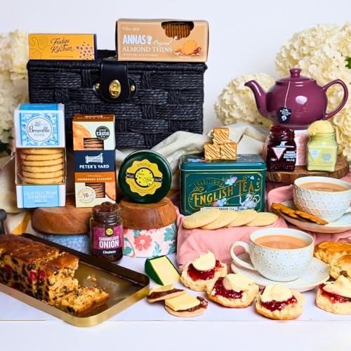 Food and Drink Gift Hamper | With Vintage Cheddar Scones Biscuits Fruit Cake Tea Caddy & More | Luxury Gift Basket for Birthdays Thank You Fathers Day Mothers Day | For Women & Men
