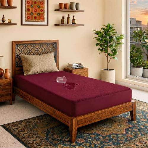 Image of Lithara Terry Cotton Fitted Mattress Protector for Single Bed | Waterproof & Elastic Band | Ultra Soft & Hypoallergenic Mattress Cover | Size : 36 x 78 Inches (3 x 6.5 Feet) | (Wine Red)