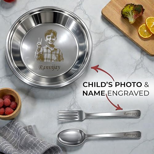 Image of Savri Personalized Kids Stainless Steel Dinner Plate - Customized Laser Photo & Name Engraved Round Plate, Spoon & Fork | Cute Cartoon Design | Baby,Toddler & Kids Gift for Birthday,Return & Daily Use