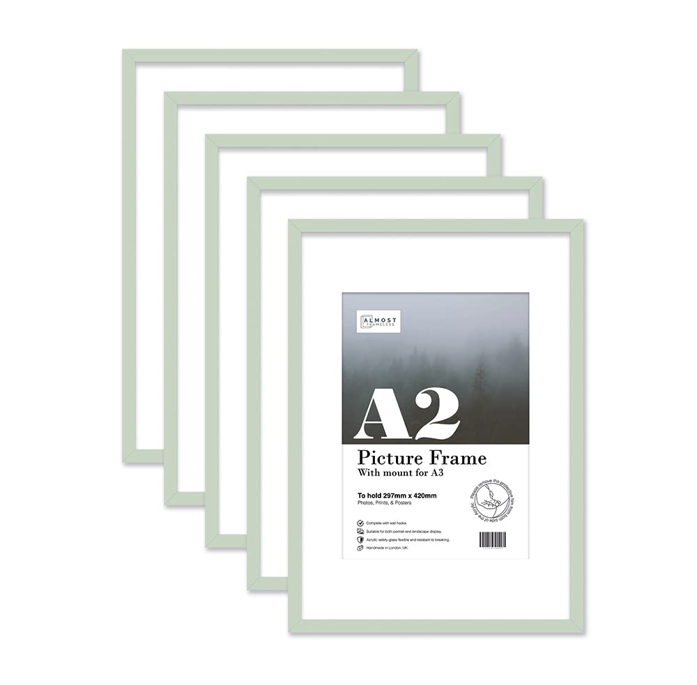 Almost Frameless A2 Mint Green Picture Frame Set of 5, Display A3 Pictures with Mount or A5 Without Mount Gallery Wall, Poster, Photo, Artwork, or Print, Mint Green — image 1