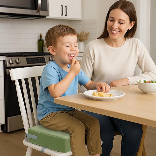 Image of Eiury Booster Seat for Kitchen Chair, Toddler Booster Seat for Dining Table, Waterproof PU Leather Kids Seat Cushion with Adjustable Straps, Non-Slip Bottom, Wipeable Seat Pad,Green