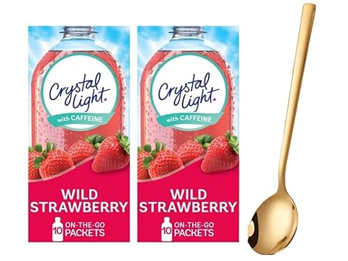 Crystal Light On The Go Drink Mix - Two (2) Pack of 10pck - Sugar-Free, Low-Calorie Refreshment with one Sukkar Pasha Long Golden SS Stirring Spoon (Wild Strawberry)