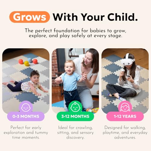 Image of MioTetto Baby Play Mat, Soft Foam Floor Tiles for Kids. Adjustable Interlocking Foam Tiles, Fits with 50x50 Playpen Baby mat for Crawling & Development, Safe & Non-Toxic Playmat for Babies 6-12 Months