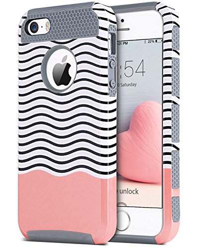 BENTOBEN Phone Case for iPhone SE/5S/5,Slim Shockproof Flexible TPU 2 in 1 Hybrid Hard Plastic Stripes Design Dual Layer Protective iPhone 5 5S SE Cases for Girl, Red/Gray