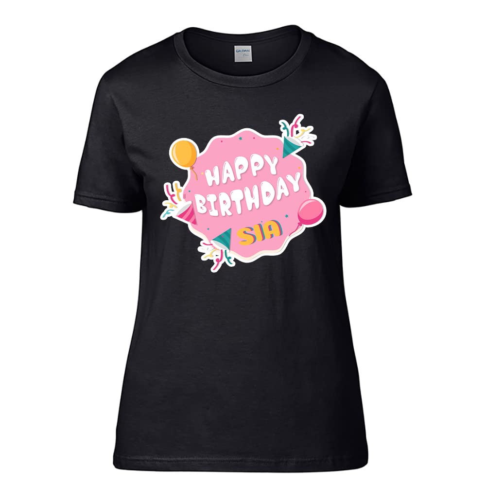 Getagift Women's S Personalised Happy Birthday Balloon Themed Black Colour Hort Leeve Oft Touch Cotton T-Hirt. (S)