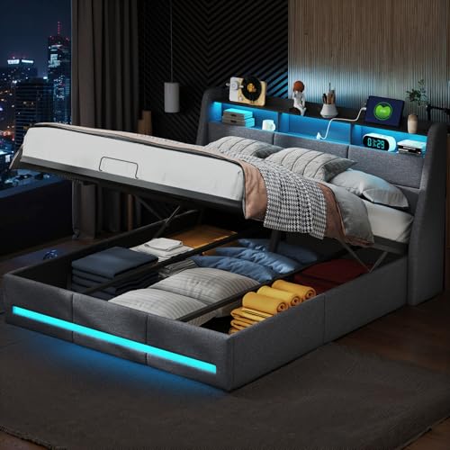 KSFASHZ Cama Tapizada 140x190 con Almacenaje, Camas Matrimoniales con Luces LED, Cama Canape con CabeceroCama de Matrimonio TapizadoCamas Matrimoniales con CanapéCama Doble Tapizada, Sin colchón