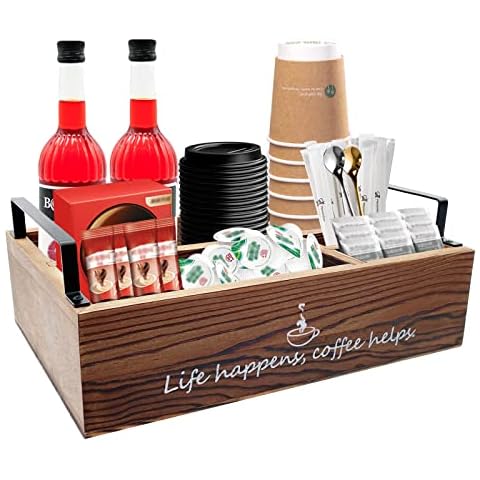 Ismosm Coffee Station Organizer, Farmhouse Coffee Bar Accessories Organizer Basket for Countertop, Office Coffee Station, Wooden Tray for Coffee Supplies and Essentials, Sugar, Syrup,Tea (Brown) Cover