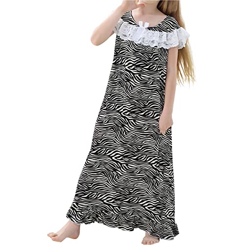 Girls Striped Maxi Dress N𝐢ghtgowns Short Sleeve Crew Neck Lace Long 𝗟ounge Dresses Sl𝐞epwear Kids Sl𝐞epers Gowns