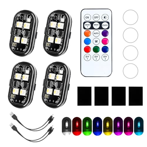 Mineup 4 Stück Kabellose Led Lichter, 8 Farbiges Strobe Drone Light, Fernbedienung Blitzlicht mit Fernbedienung, USB-Aufladung Antikollisionslichter,LED Flugzeug Blitzlicht für Drohne Motorrad