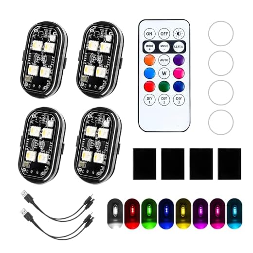 Mineup 4 Stück Kabellose Led Lichter, 8 Farbiges Strobe Drone Light, Fernbedienung Blitzlicht mit Fernbedienung, USB-Aufladung Antikollisionslichter,LED Flugzeug Blitzlicht für Drohne Motorrad
