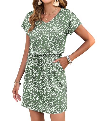 Image of AUSELILY Womens Summer Mini Dress, Short Sleeve V Neck Drawstring Casual | Soft smooth drape with an adjustable drawstring waist for beach, casual outings and daily wear