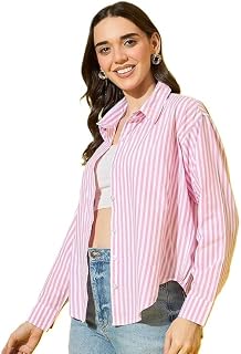Women's Striped Button Down Shirt, Pink and White Vertical Stripes, Long Sleeve Casual Top Price In India