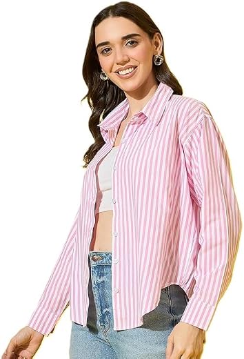 Women's Striped Button Down Shirt, Pink and White Vertical Stripes, Long Sleeve Casual Top