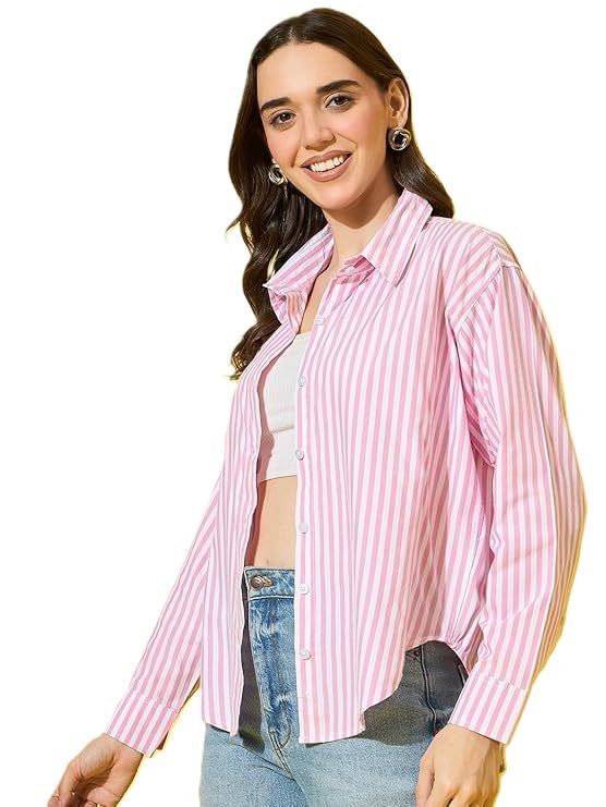 Women's Striped Button Down Shirt, Pink and White Vertical Stripes, Long Sleeve Casual Top-picture-30