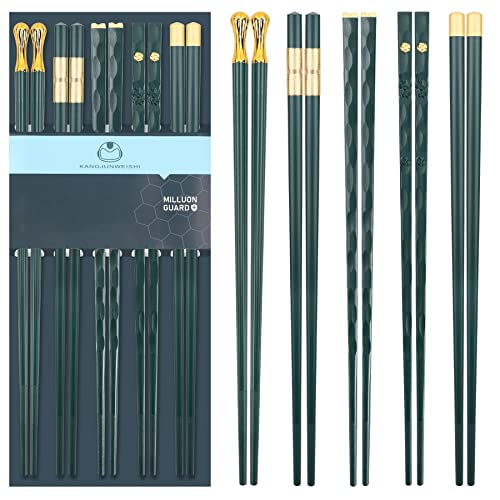 5 Pairs Chopsticks Reusable Fiberglass Dishwasher Safe, 9.6 inch/24.3cm Matte Non-Slip Family/ Hotel/ Restaurant Japanese Chop Sticks, Christmas & Chinese New Year Gift, Dark Green