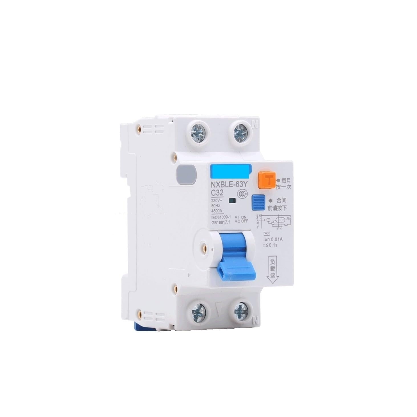 Interruttore automatico, 6A 10A 16A 32A 63A 10MA 0,01A RCBO 1P+N 230V Corrente differenziale(63a)