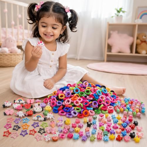 Image of Plutify (190) Pcs Rakshabandhan gift for sister kids Baby Girl Hair Accessories Combo for Kids & Toddlers - 120 Soft Elastic Hair Bands, 10 Cartoon Clips, 20 Mini Claw Clips, 30 Hair Beads ties & 10 Tic Tac Clips | Cute Multicolor Hair Accessories Set for Girls | (0-5 Years)