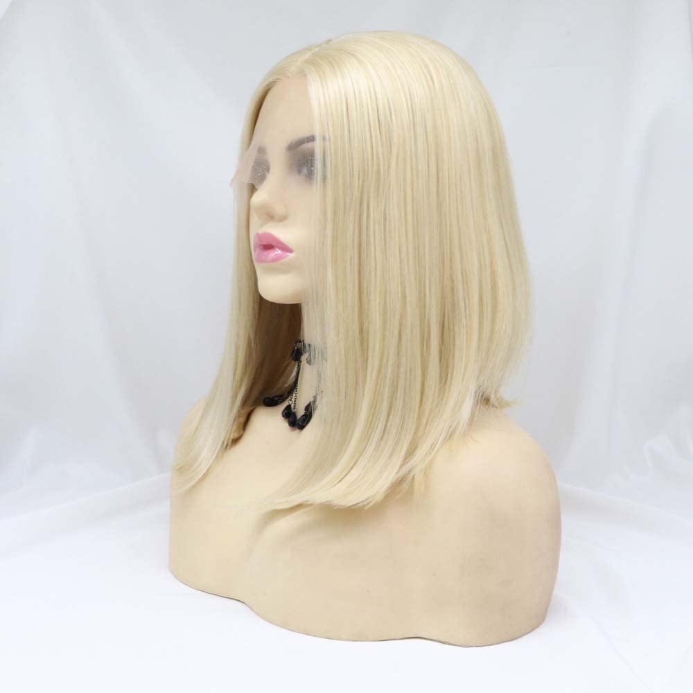 Xiweiya Wigs Straight Short Bob Wig Mixed Blonde Hair Synthetic Lace Front Wig with Middle Part Heat Resistant Fiber Hair for Women,Drag Queen Family Makeup Party Wear 14" Inches - Image 2
