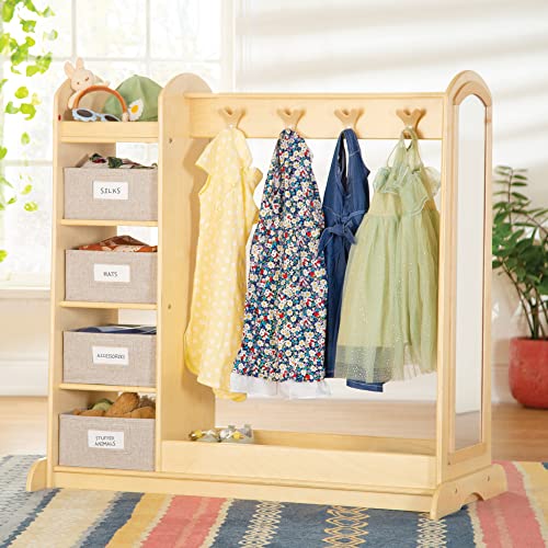 Guidecraft EdQ Dress-up Storage with Bins Natural: Costume Storage Wardrobe for Kids with Mirror & Shelves, Armoire with Bottom Tray, Children Room Furniture