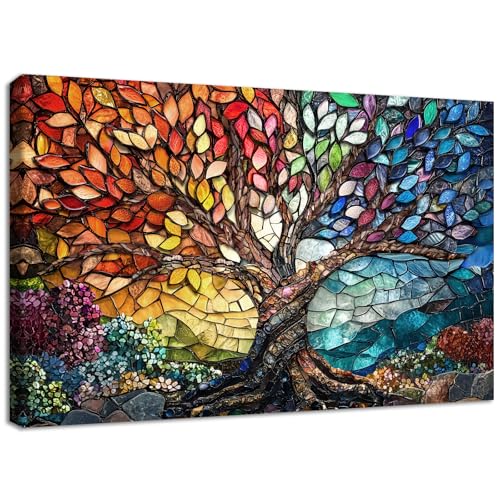 Albero Della Vita in Vetro Colorate Quadri Moderni Quadro Moderno Rosso Giallo Blu Stampa su Tela Con Cornice Pittura Quadri su tela Decorazioni da Parete Soggiorno Camera da Letto Corridoio 30x40cm
