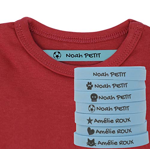 100 étiquettes à repasser personnalisées pour marquer vos vêtements avec des icônes. Blanc. Doux pour la peau de vos enfants. (Bleu)
